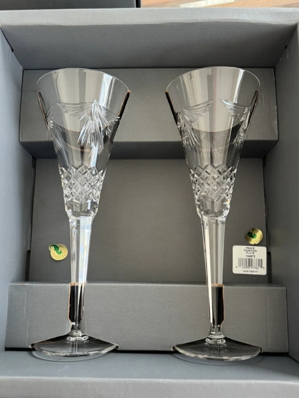 Waterford Clear Crystal Champagne Flutes with Cut Fan Pattern New In Box